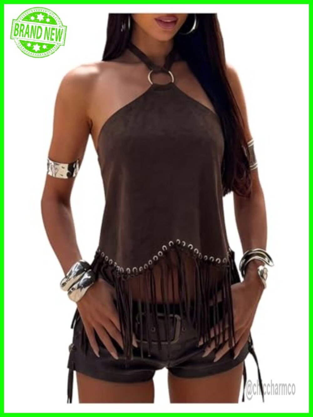 Faux Suede Fringe Halter Tank Top Sleeveless Cowgirl Concert Outfit